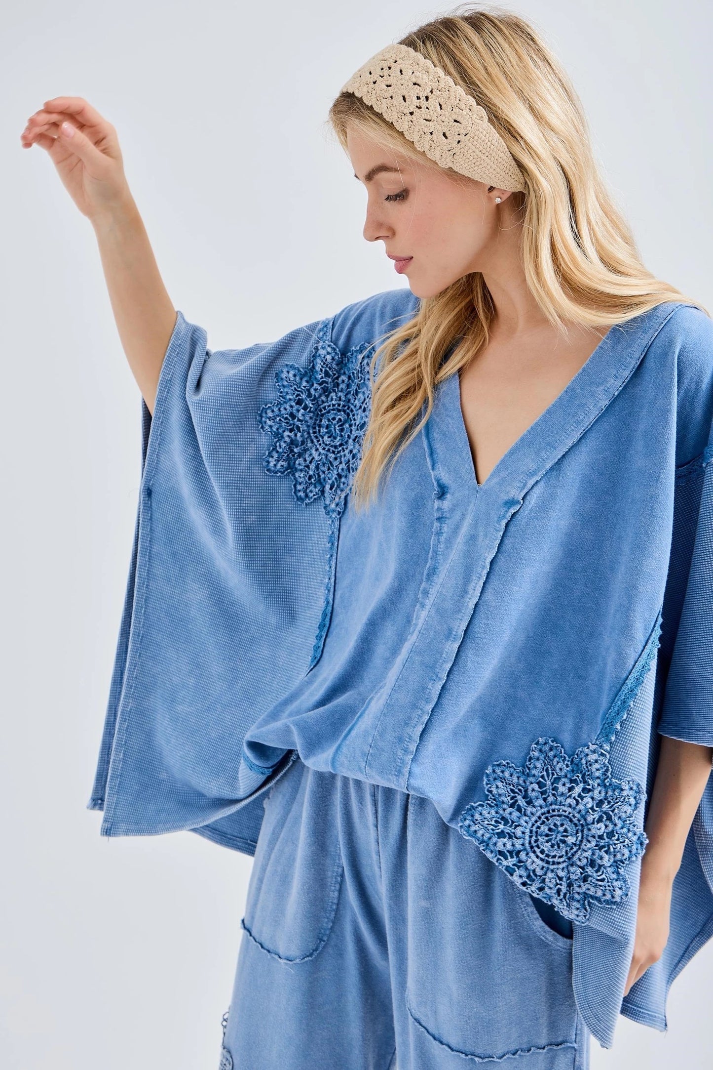 Mineral Wash Doily Patch Boho Poncho V-Neck Top
