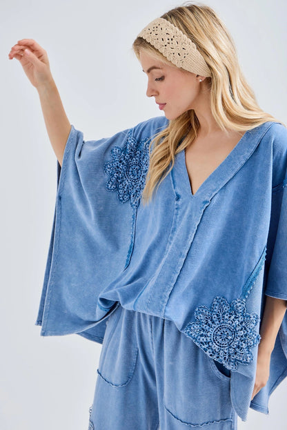 Mineral Wash Doily Patch Boho Poncho V-Neck Top