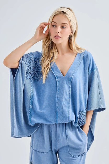 Mineral Wash Doily Patch Boho Poncho V-Neck Top