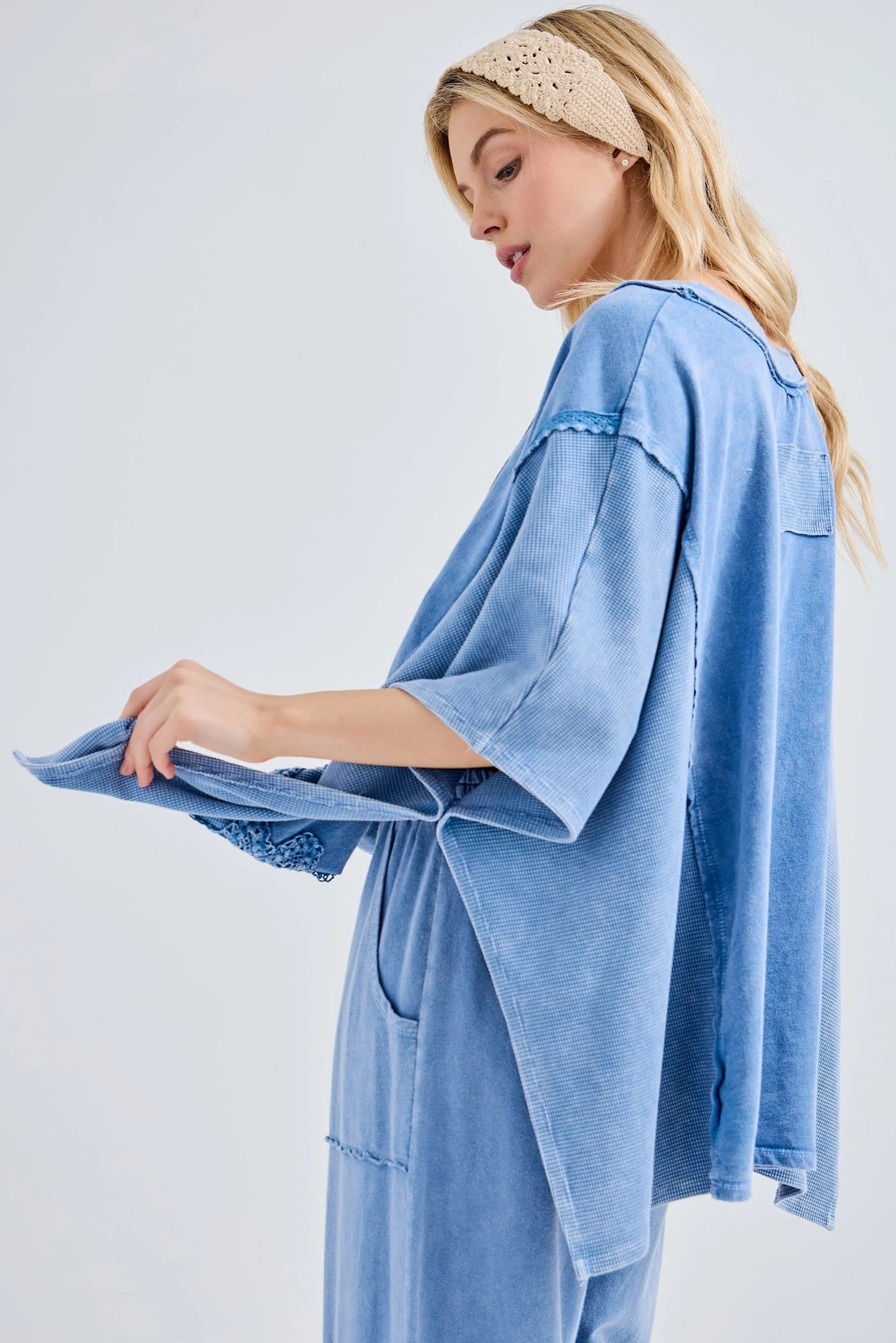 Mineral Wash Doily Patch Boho Poncho V-Neck Top