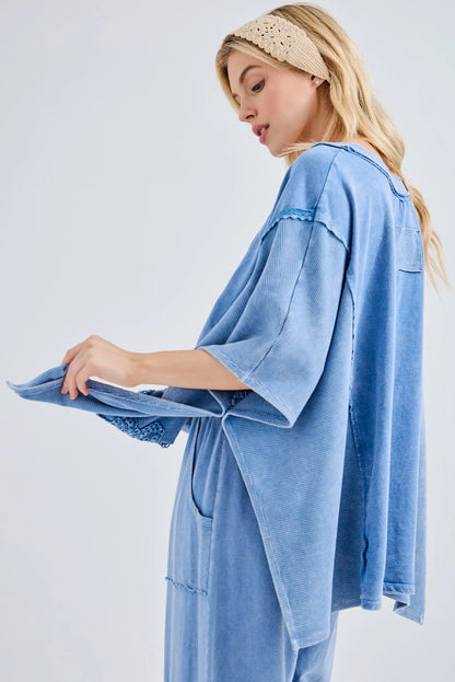 Mineral Wash Doily Patch Boho Poncho V-Neck Top