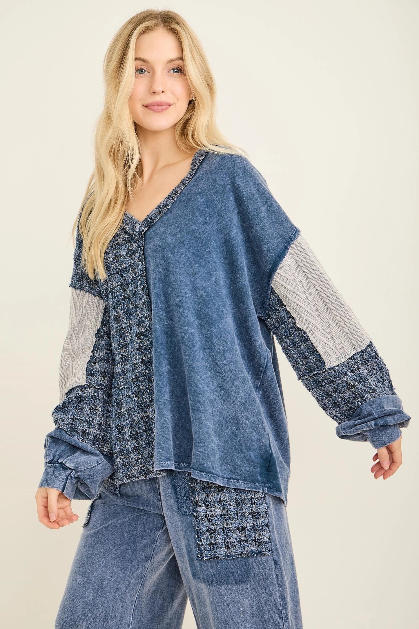 J.HER Mineral Wash Tweed & Sweater Patch V-Neck Top