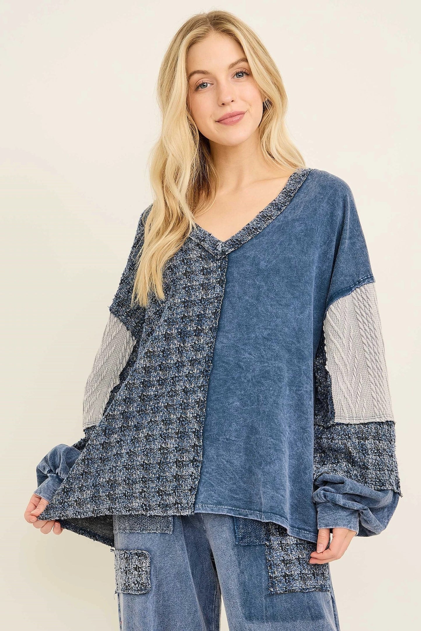J.HER Mineral Wash Tweed & Sweater Patch V-Neck Top