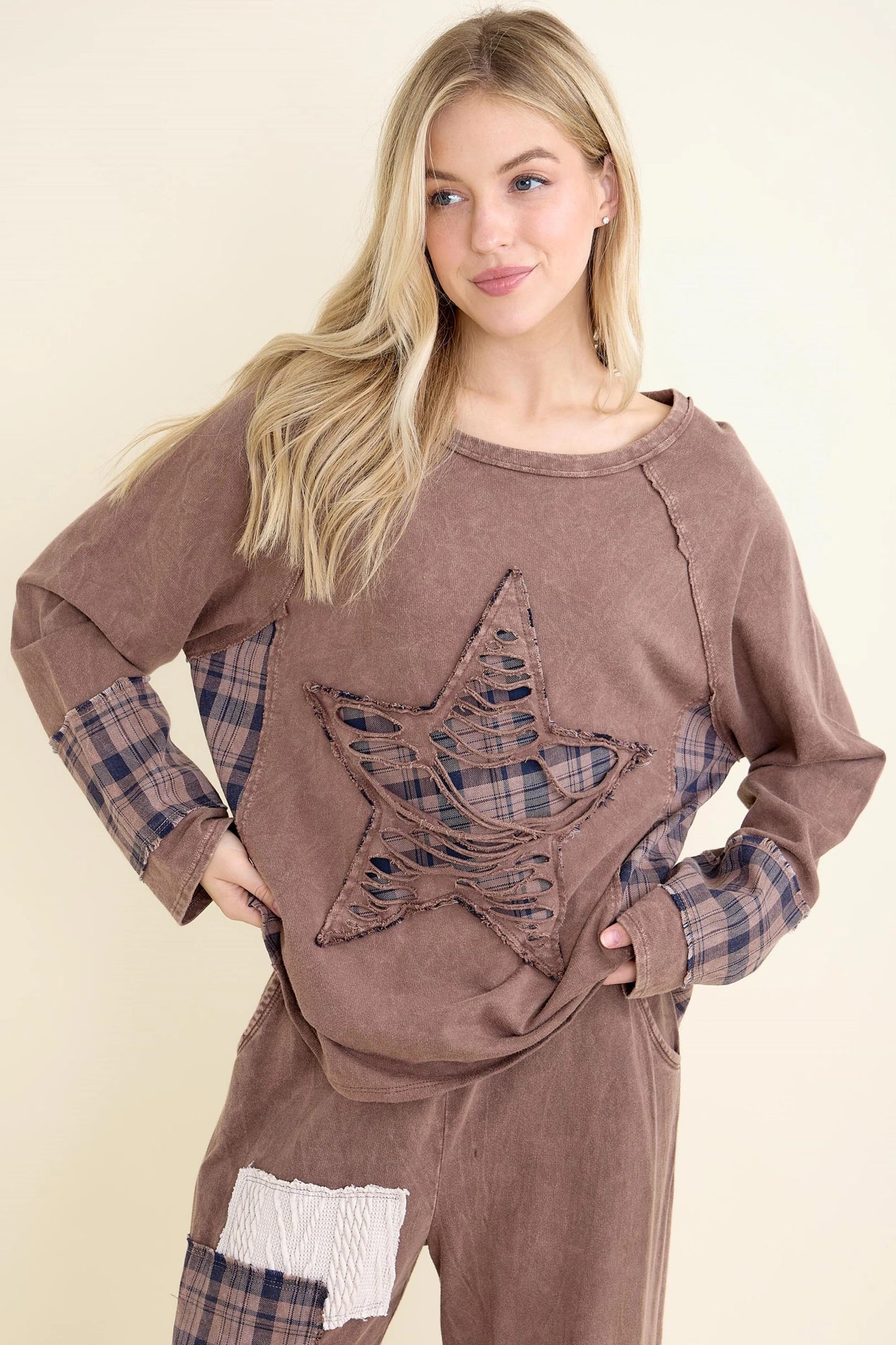 J.HER Mineral Wash Distressed Star Plaid Patch Top
