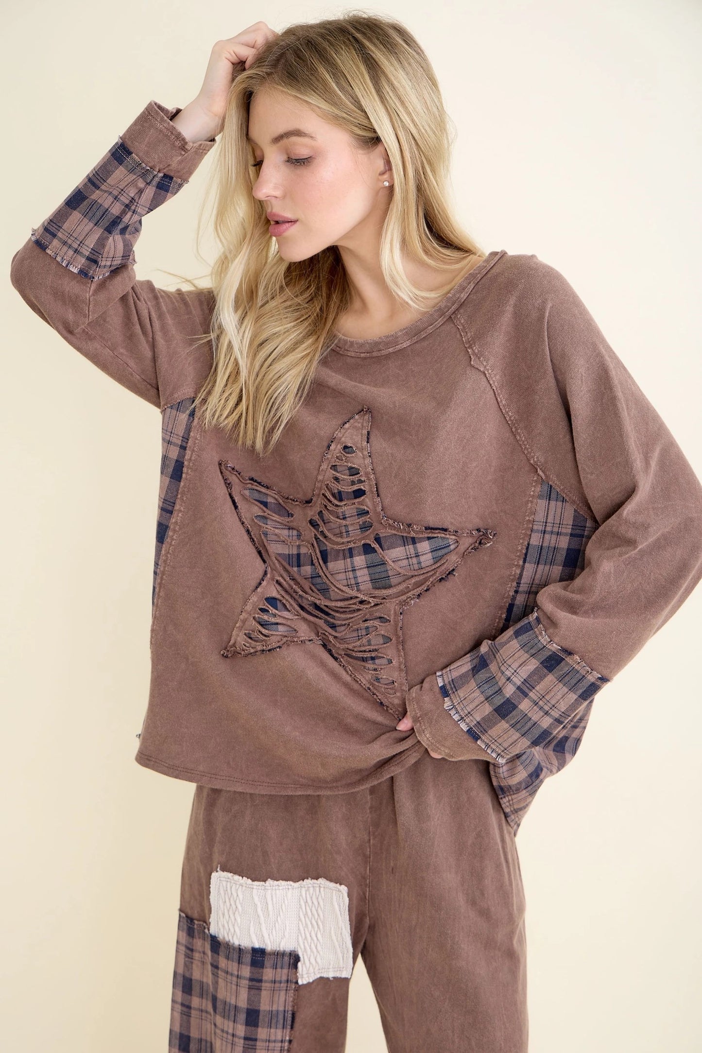 J.HER Mineral Wash Distressed Star Plaid Patch Top