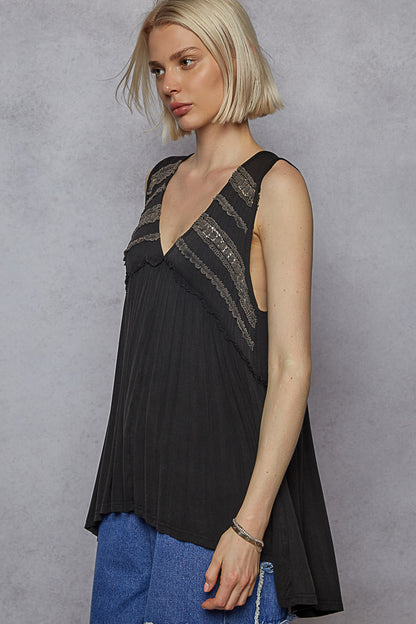 POL Boho Lace Trim Babydoll Tank Top