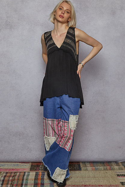 POL Boho Lace Trim Babydoll Tank Top