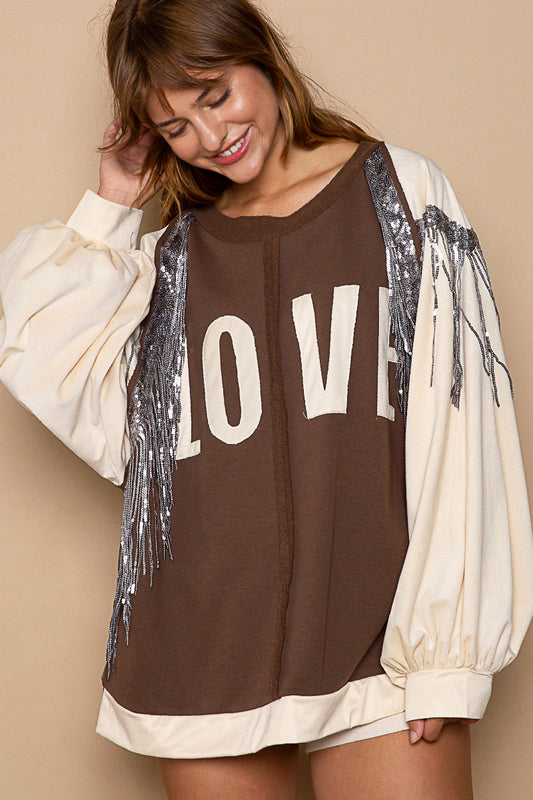 POL Boho Sequin Fringe LOVE Balloon Sleeve Top