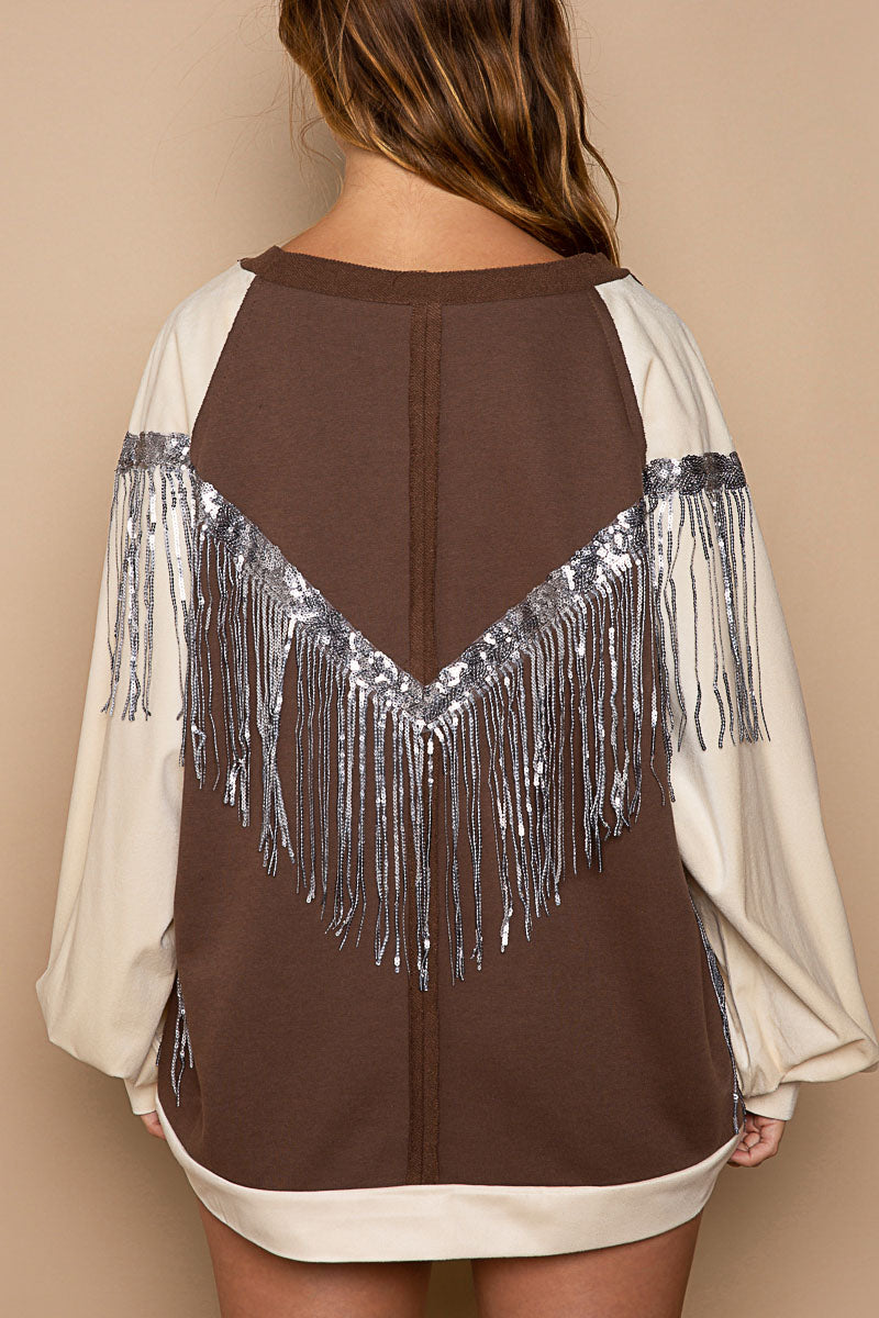 POL Boho Sequin Fringe LOVE Balloon Sleeve Top