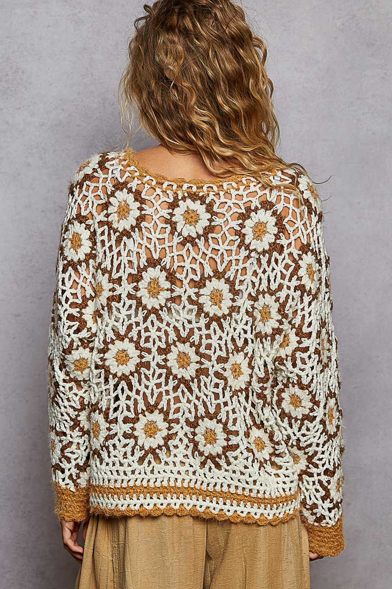POL Boho Granny Floral Pattern Balloon Sleeve Sweater