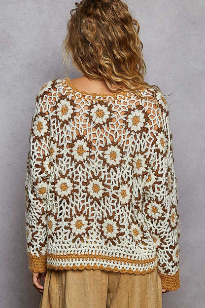 POL Boho Granny Floral Pattern Balloon Sleeve Sweater