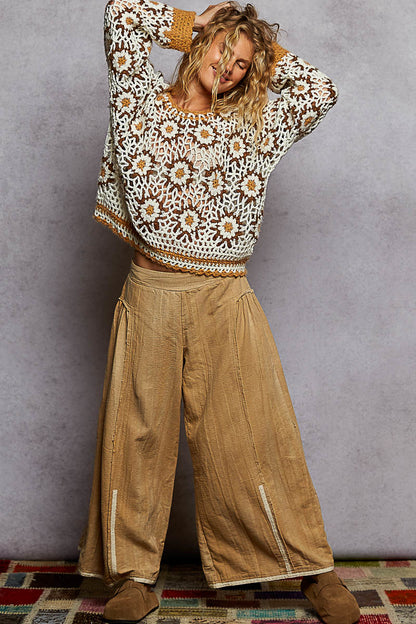 POL Boho Granny Floral Pattern Balloon Sleeve Sweater