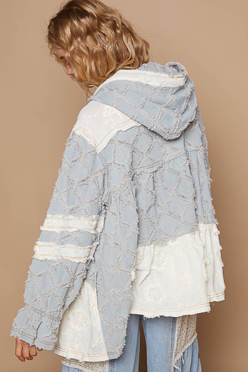 POL Boho Patchwork Lace & Denim Zip-Up Hoodie
