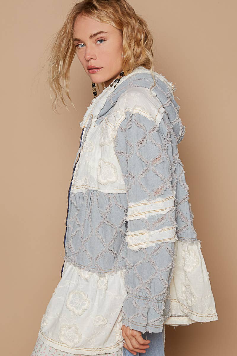 POL Boho Patchwork Lace & Denim Zip-Up Hoodie