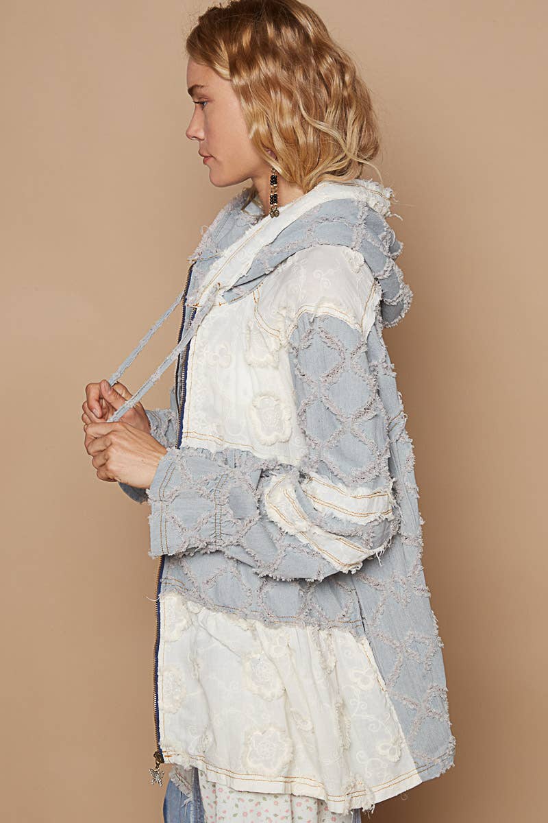 POL Boho Patchwork Lace & Denim Zip-Up Hoodie