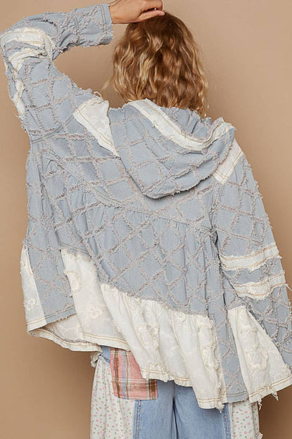 POL Boho Patchwork Lace & Denim Zip-Up Hoodie