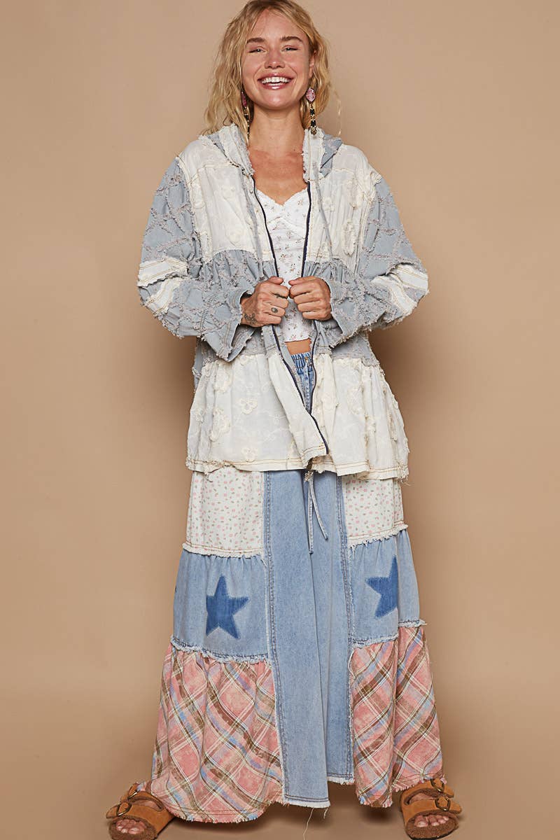 POL Boho Patchwork Lace & Denim Zip-Up Hoodie