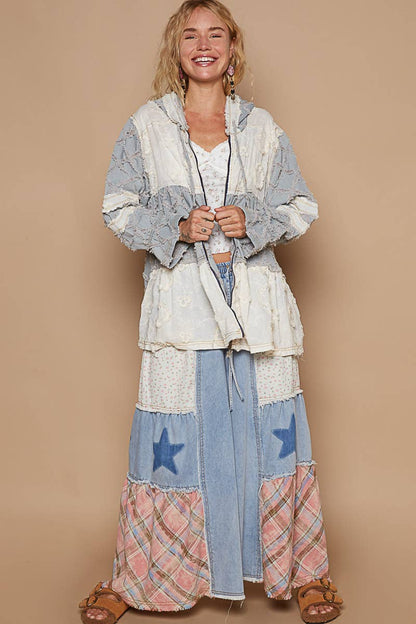 POL Boho Patchwork Lace & Denim Zip-Up Hoodie