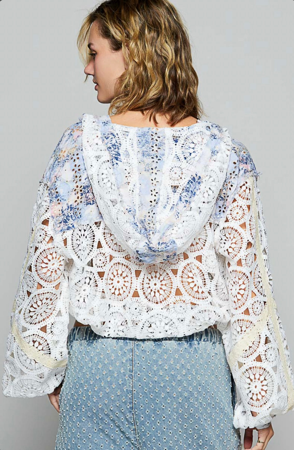 POL Boho Ivory Lace Crochet Hooded Top
