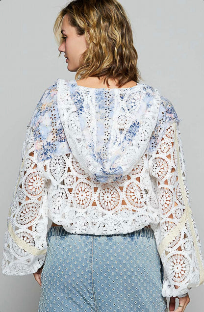 POL Boho Ivory Lace Crochet Hooded Top