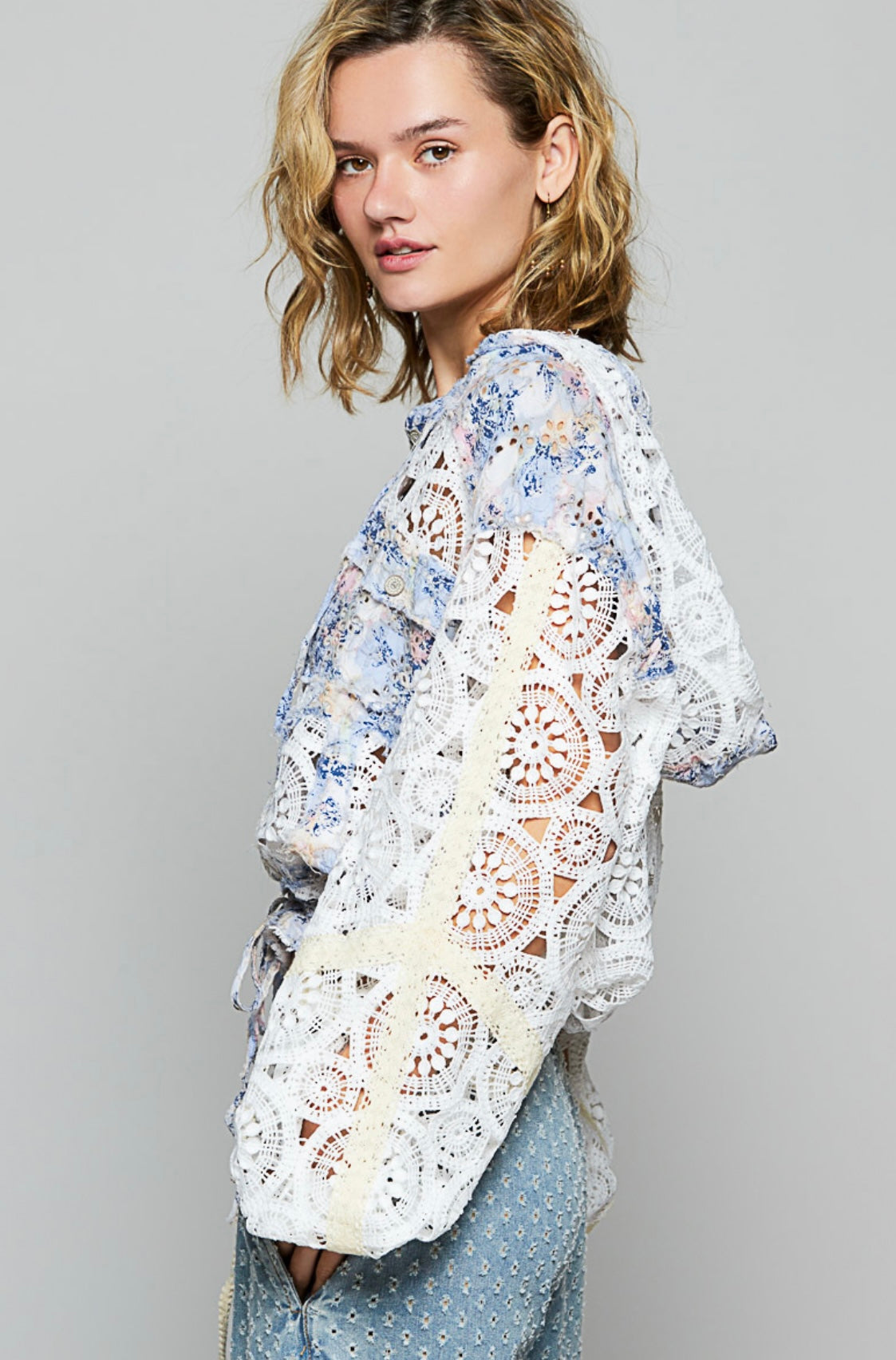 POL Boho Ivory Lace Crochet Hooded Top