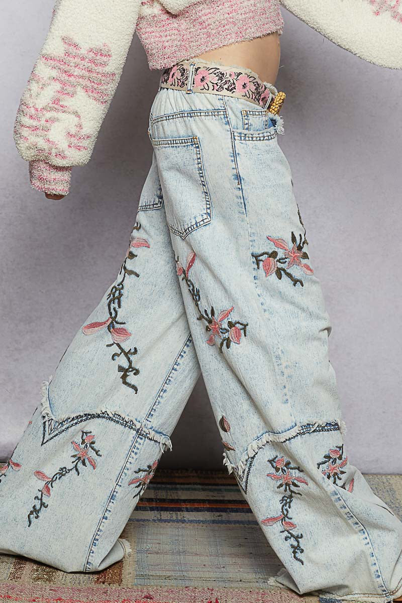 POL Boho Embroidered Wide-Leg Denim Jeans