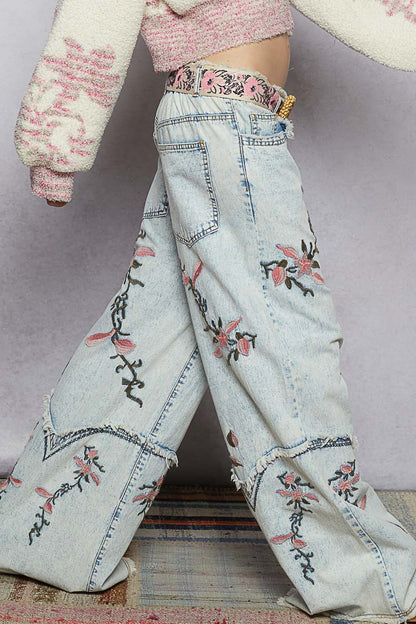 POL Boho Embroidered Wide-Leg Denim Jeans