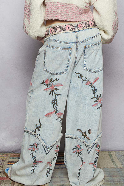POL Boho Embroidered Wide-Leg Denim Jeans