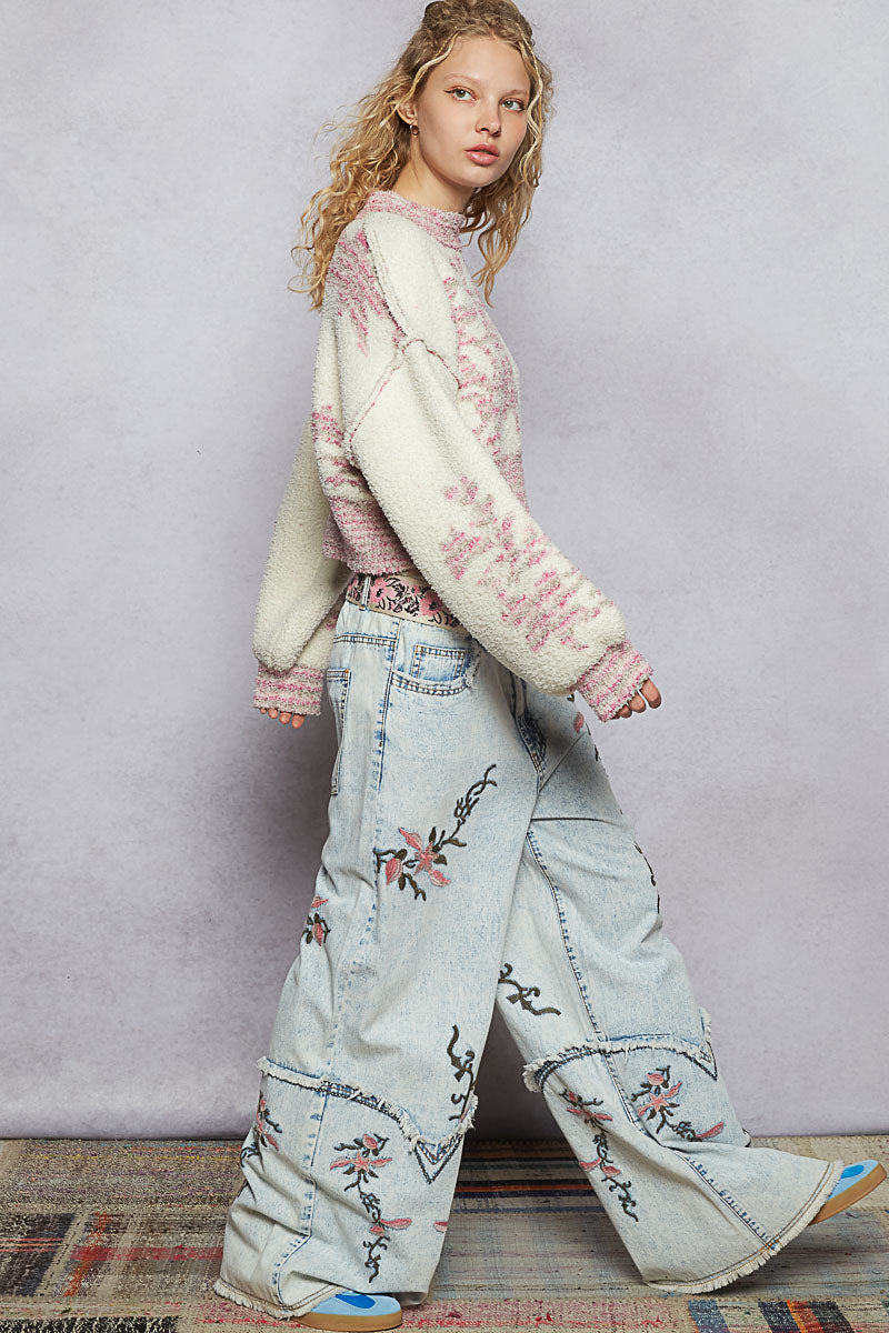 POL Boho Embroidered Wide-Leg Denim Jeans