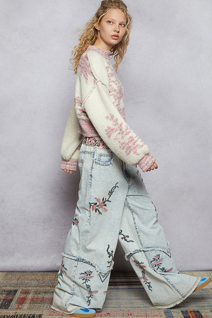 POL Boho Embroidered Wide-Leg Denim Jeans