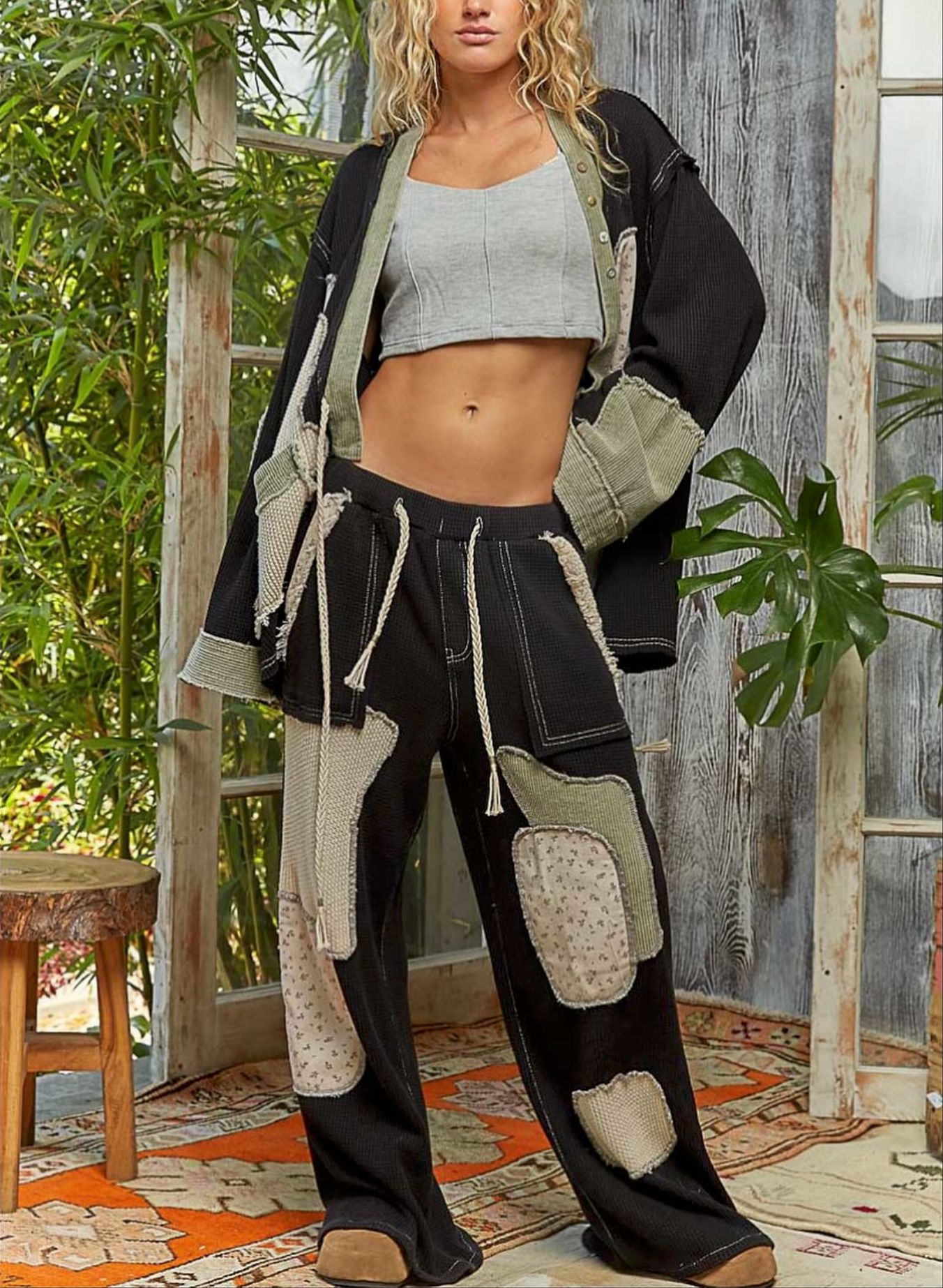 POL Boho Patchwork Thermal Knit Pants