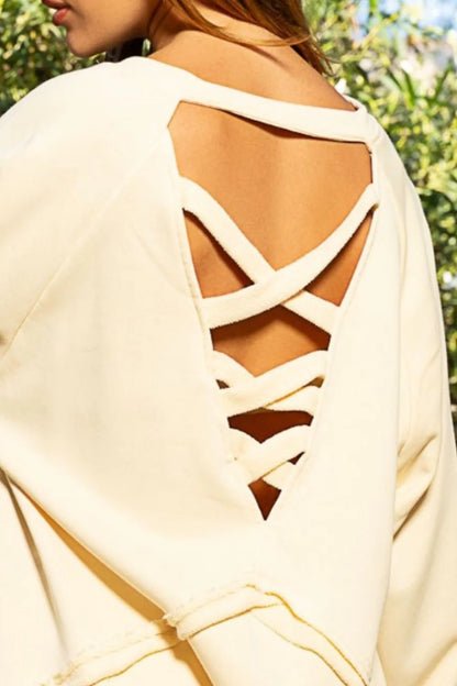 POL Boho Cross Back Balloon Sleeve Terry Knit Sweater