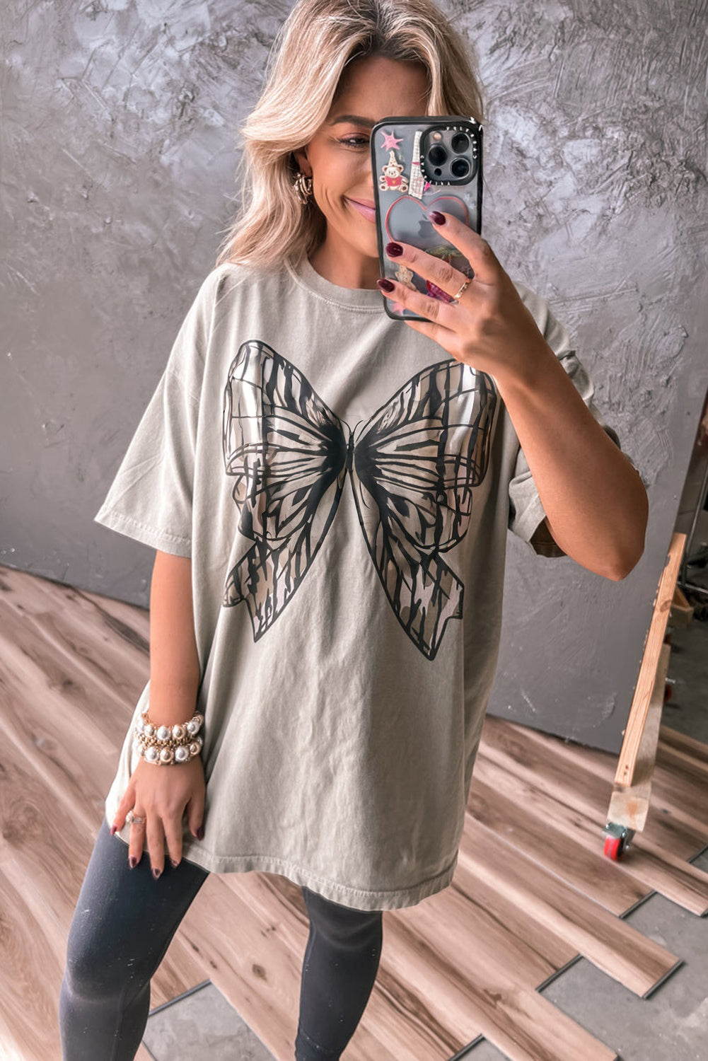 Casual Oversize Big Bow Printed Drop Shoulder Tunic Casual Tee