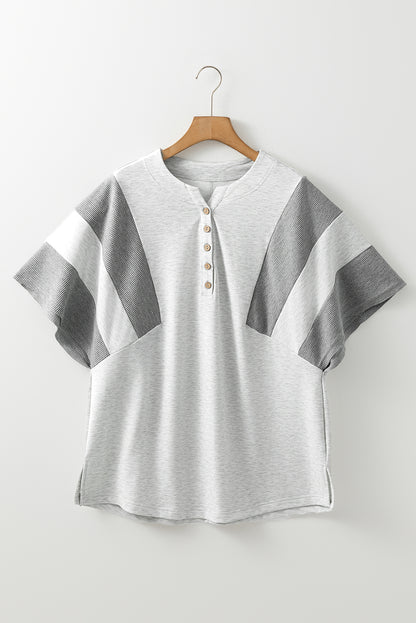 Light Grey Two Tone Contrast Waffle Knit Patched Buttoned V Neck Top