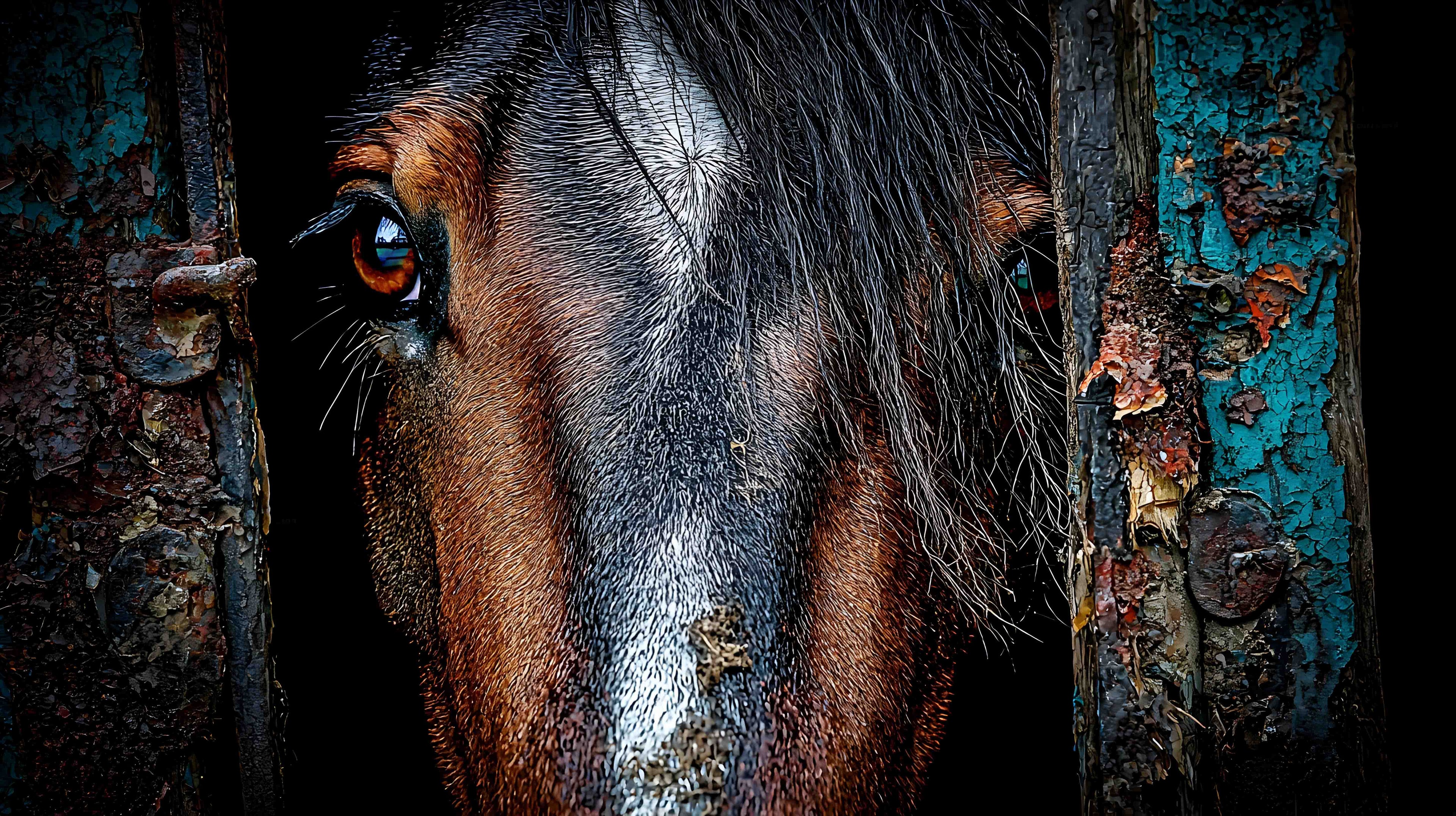 Close-up of a horse's face peeking through a rusty metal gate.