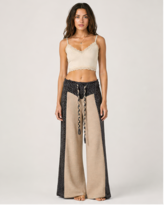 POL Animal Contrast Thermal Pants in Taupe/Charcoal, front view
