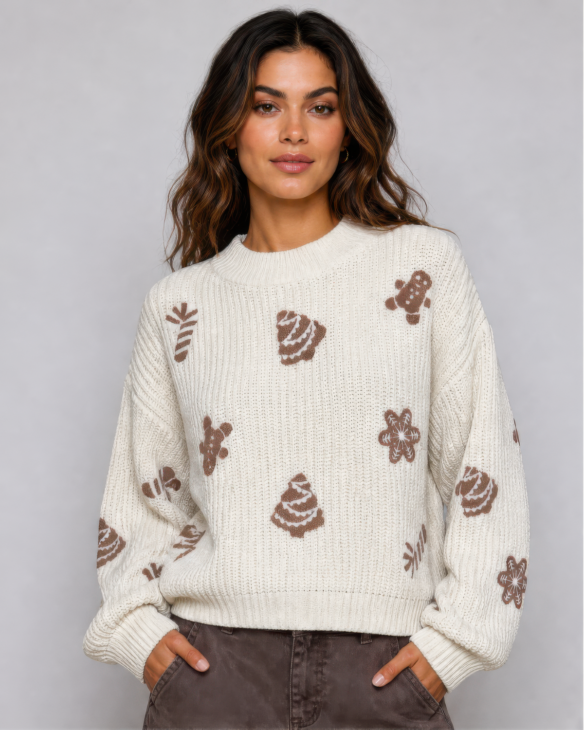 POL Christmas Chenille Sweater Brown Highlights in Cream, front view