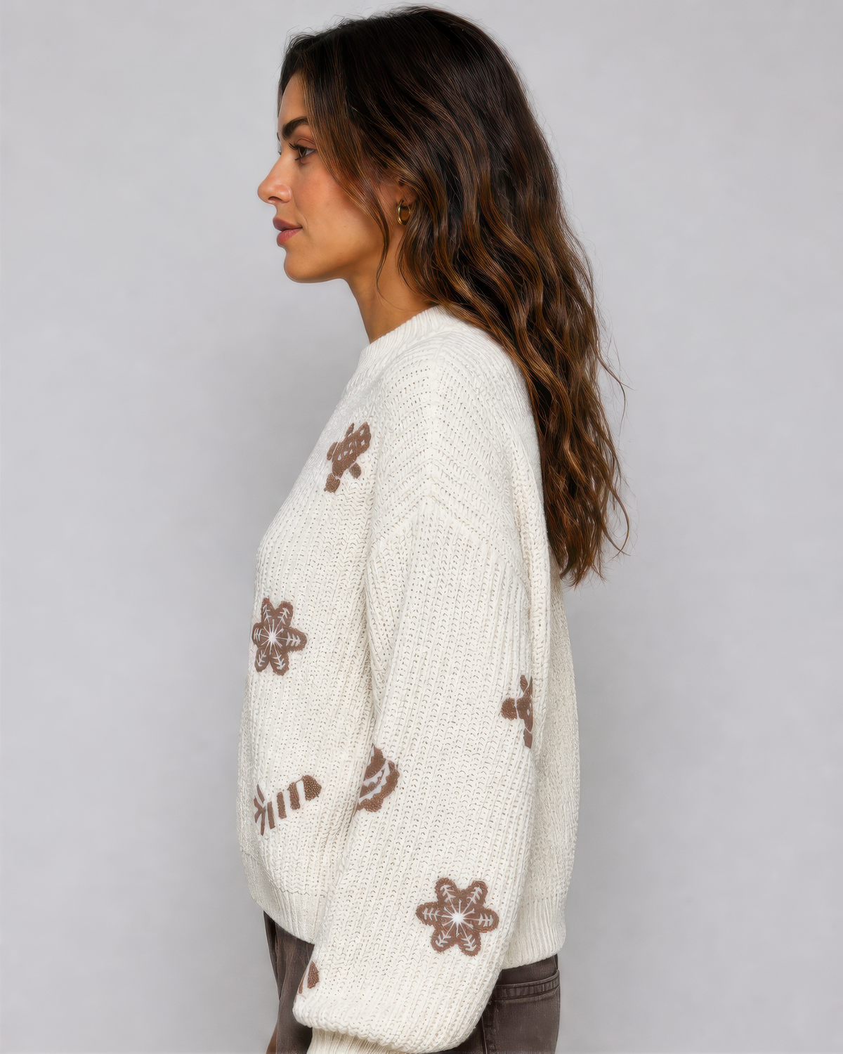POL Christmas Chenille Sweater Brown Highlights in Cream, photo 2 of 4