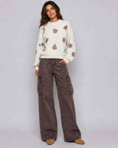 POL Christmas Chenille Sweater Brown Highlights in Cream, photo 4 of 4