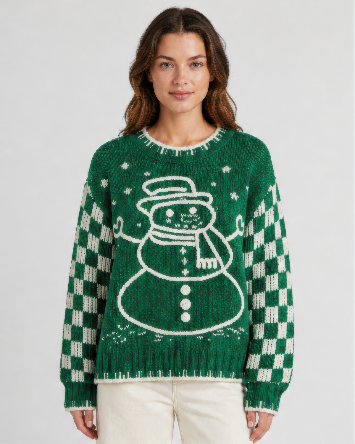 POL Christmas Snowman Chenille Sweater in Green, front view