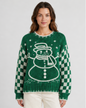 POL Christmas Snowman Chenille Sweater in Green, front view