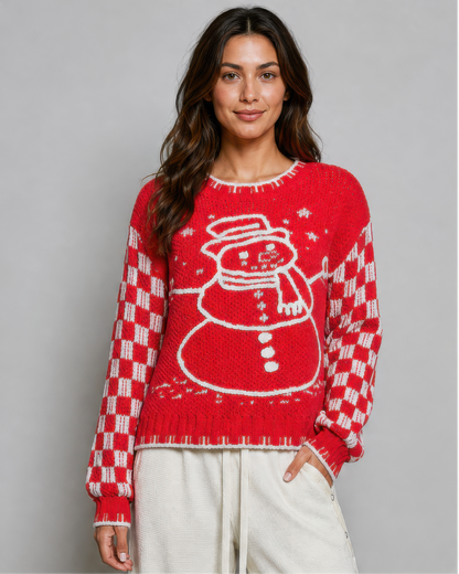 POL Christmas Snowman Chenille Sweater in Red, front view