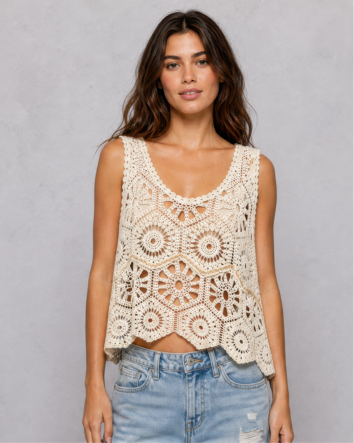 POL Crochet Sleeveless Round Neck Top in Natural, front view