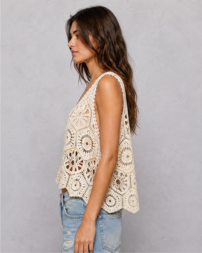 POL Crochet Sleeveless Round Neck Top in Natural, photo 2 of 4