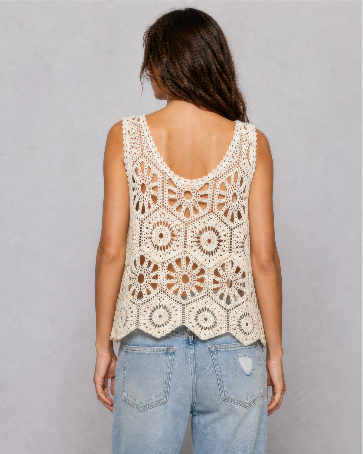 POL Crochet Sleeveless Round Neck Top in Natural, photo 3 of 4