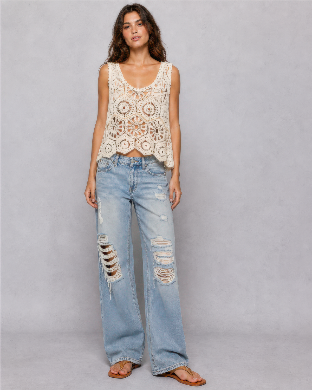 POL Crochet Sleeveless Round Neck Top in Natural, photo 4 of 4