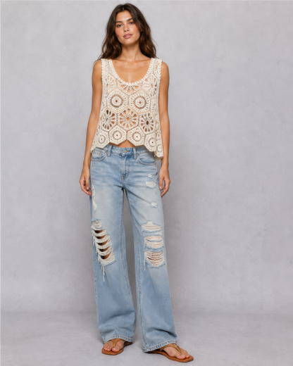 POL Crochet Sleeveless Round Neck Top in Natural, photo 4 of 4