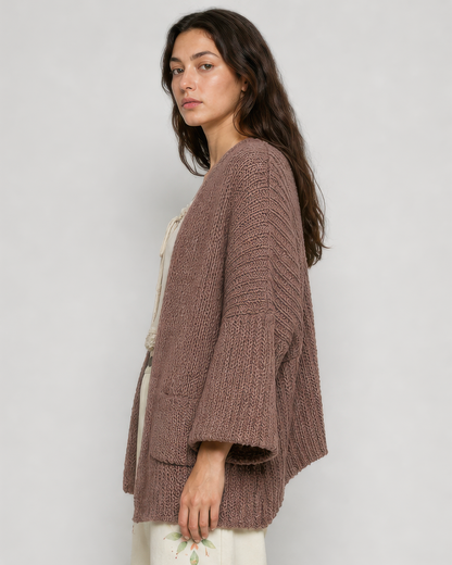 POL Edge to Edge Open Knit Cardigan in Chocolate, side view