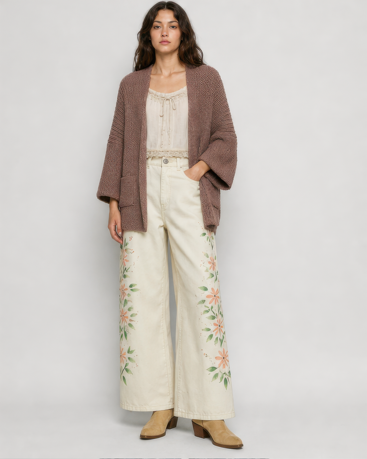 POL Edge to Edge Open Knit Cardigan in Chocolate, full outfit view