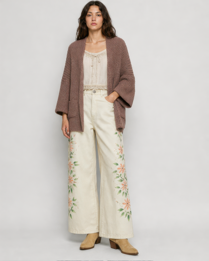 POL Edge to Edge Open Knit Cardigan in Chocolate, full outfit view